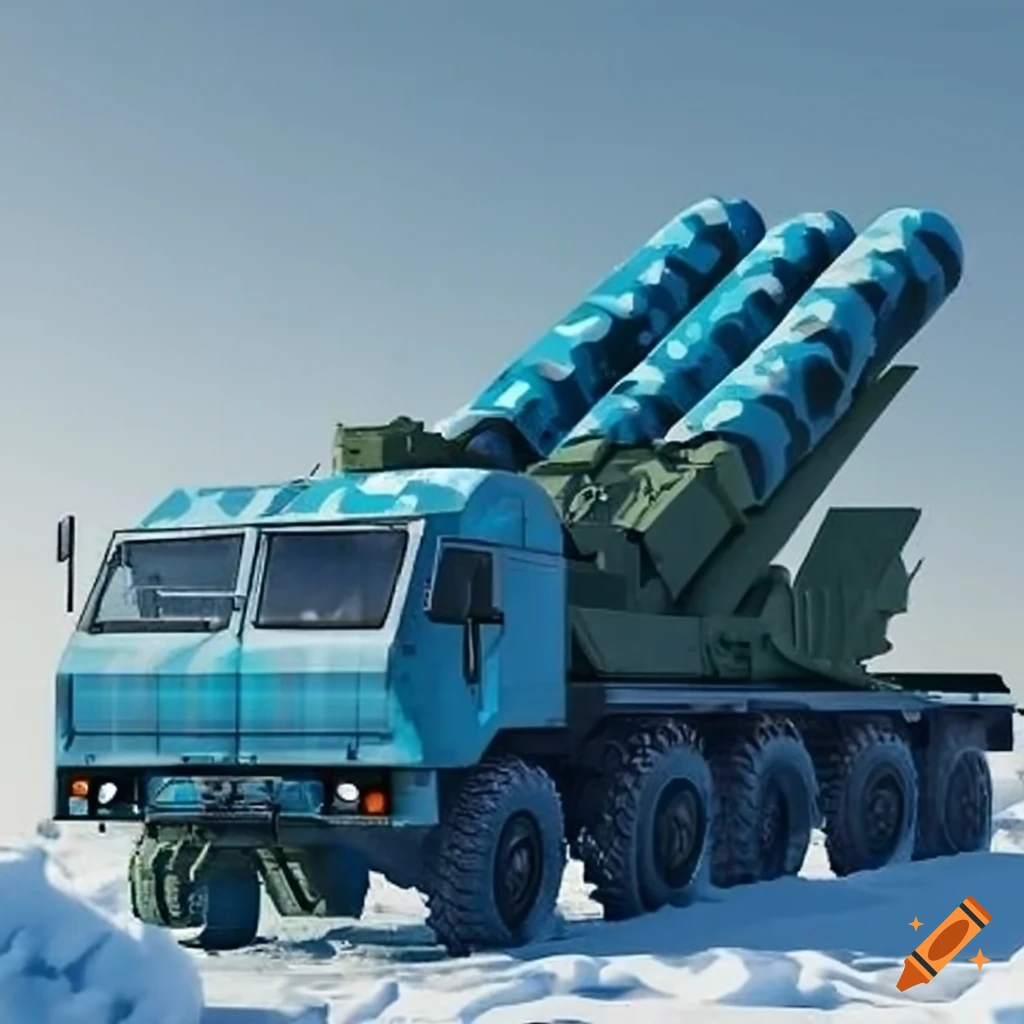 Arctic blue camouflage missile launcher truck in snowy forest preparing to launch a ballistic missile