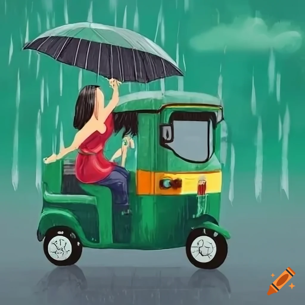 Green autorickshaw in the rain with an Asian woman hanging outside holding an umbrella