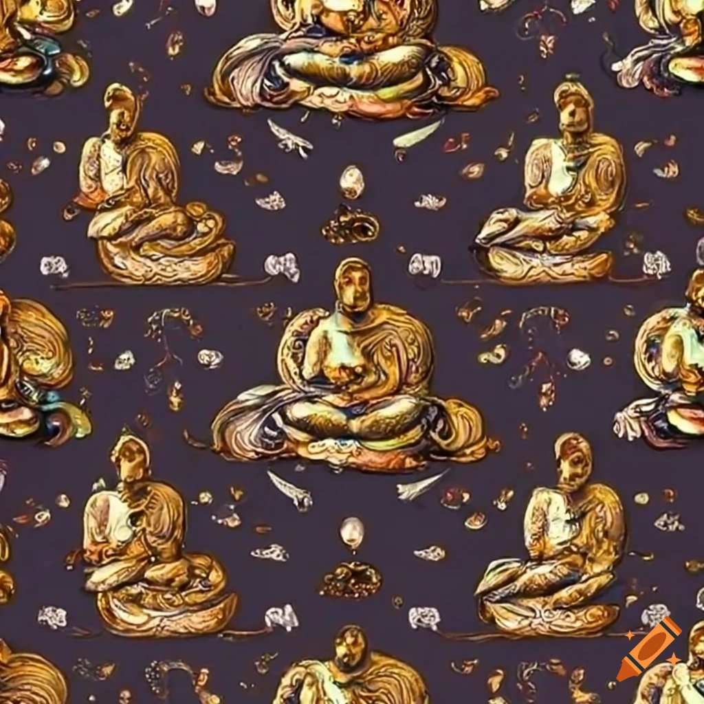 Pattern of little Buddha statues on a gold background