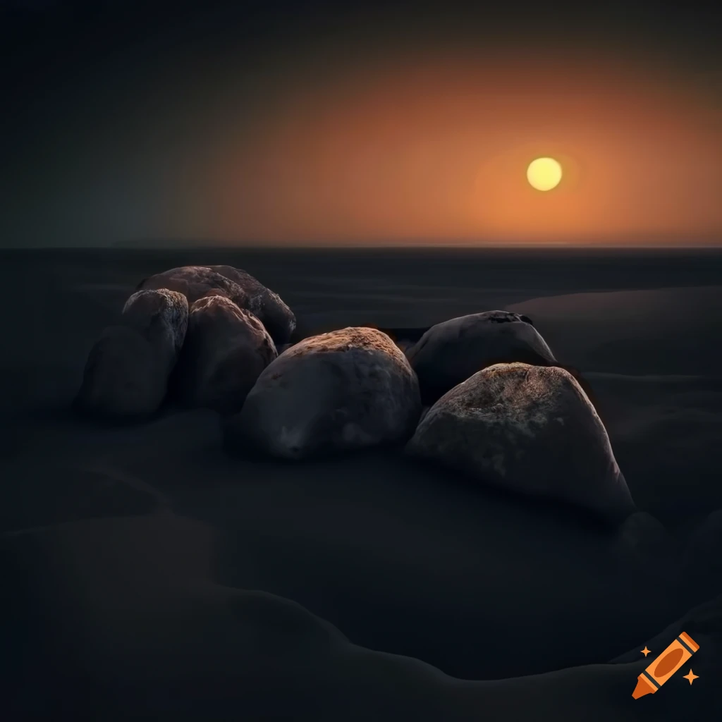 Surrealist black desert with living boulders landscape