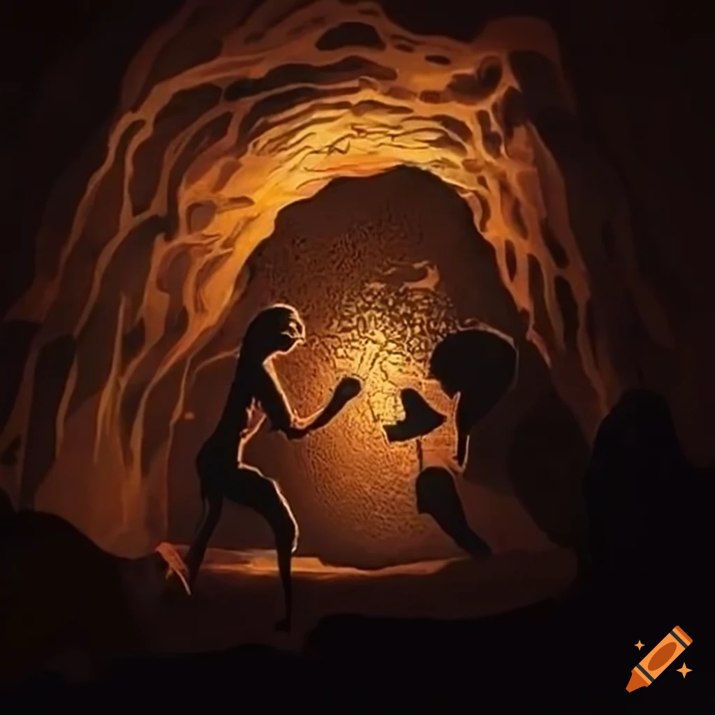 Caveman drawing tally marks inside cave