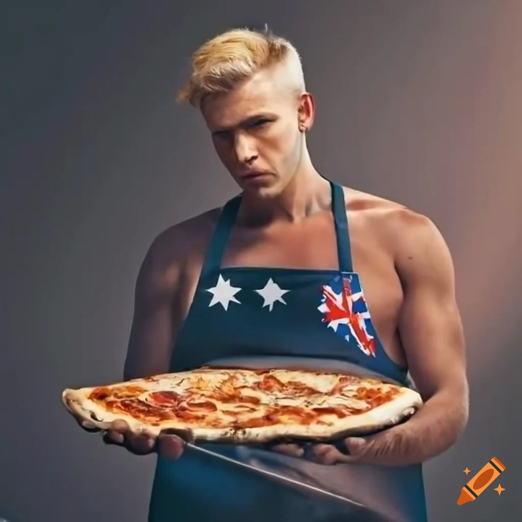 Man with blond hair making pizza on a Weber BBQ with Australian flag apron
