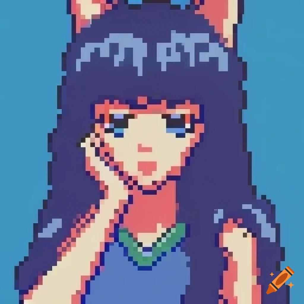 Retro pixel art of a blue-skinned anime girl with cat-like golden iris eyes