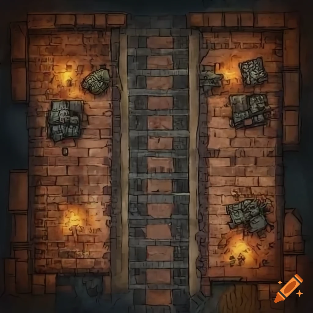 Top down fantasy battle map with underground road, lit braziers, and statues in alcoves