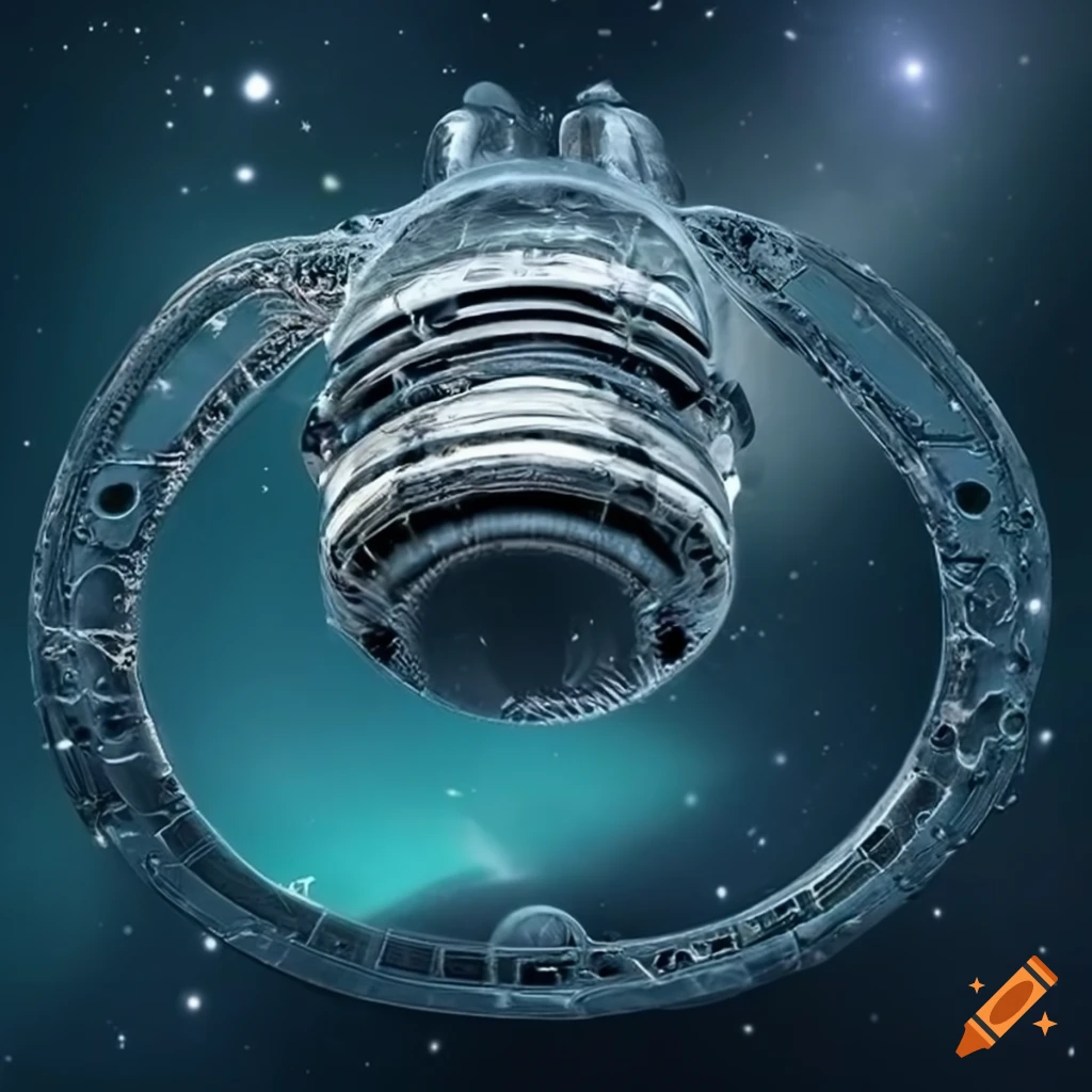 Surreal alien spaceship in space with silver cylindrical core and rocket engines