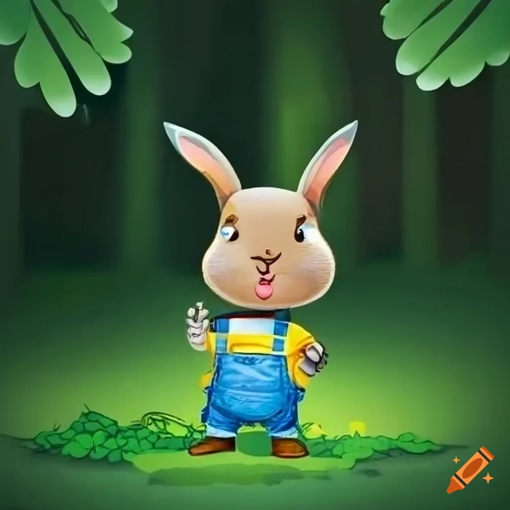 Cute bunny wearing overalls in the forest