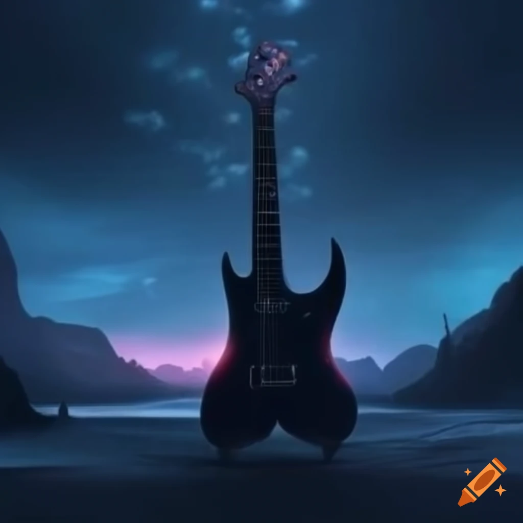 Dark rock-themed landscape with electric guitars, Pixar-style animation