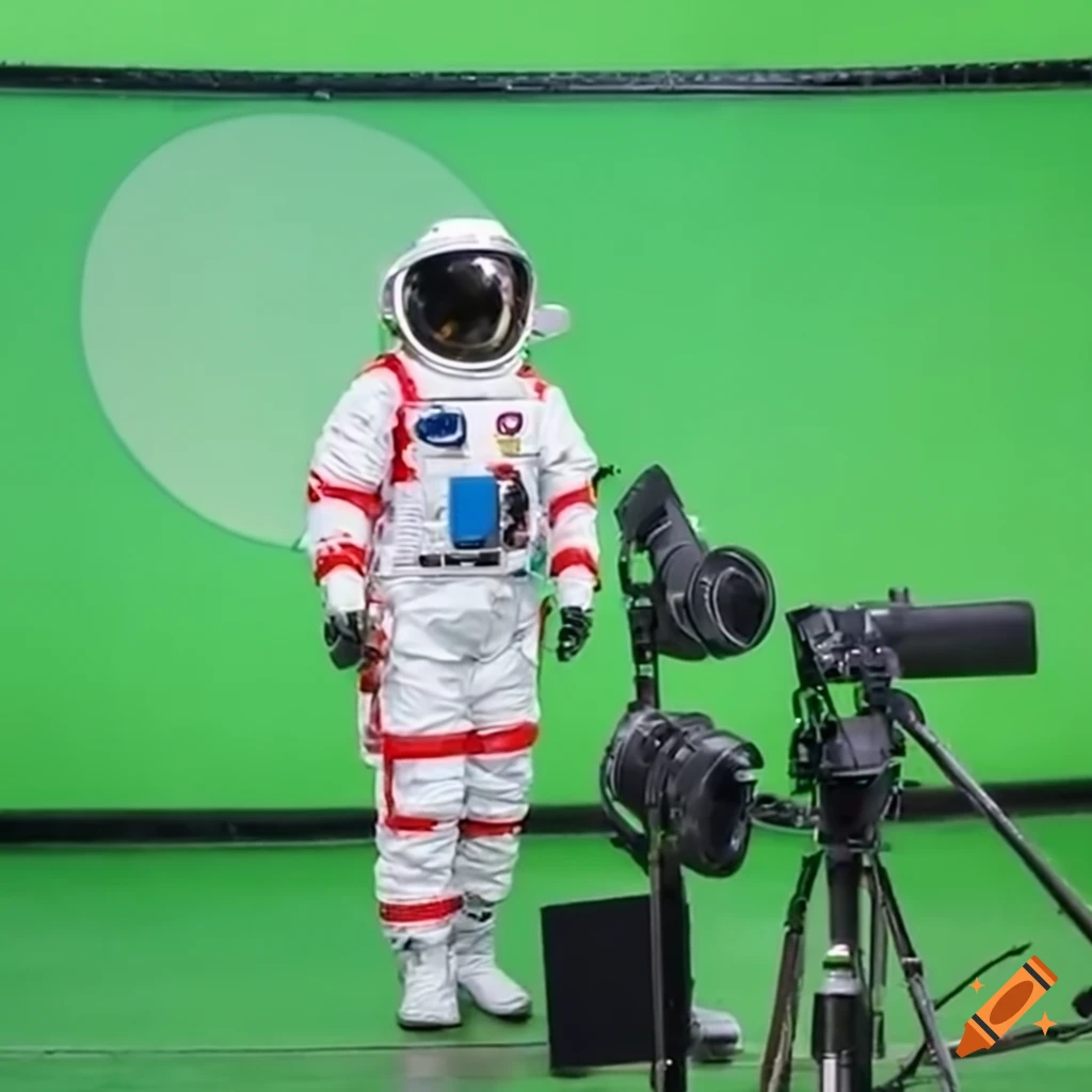 Astronaut on recording set with cameramen and green screen, raw image