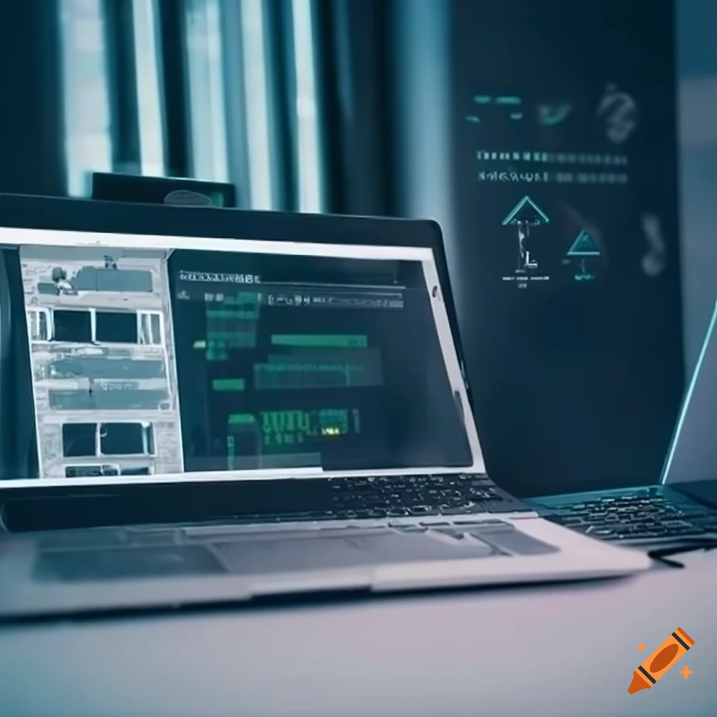Modern workspace with coding tools and technology icons
