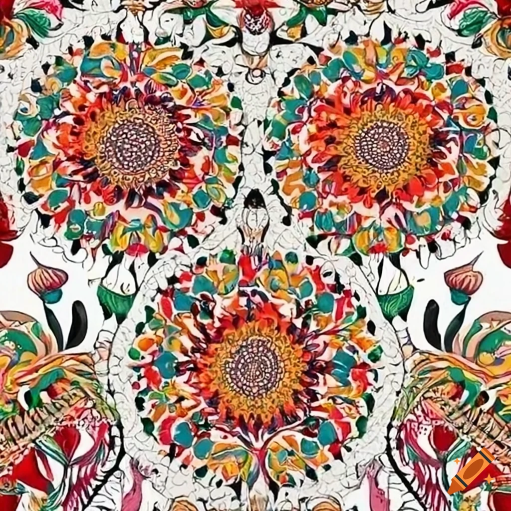 Colorful traditional African art with flowers and wildlife