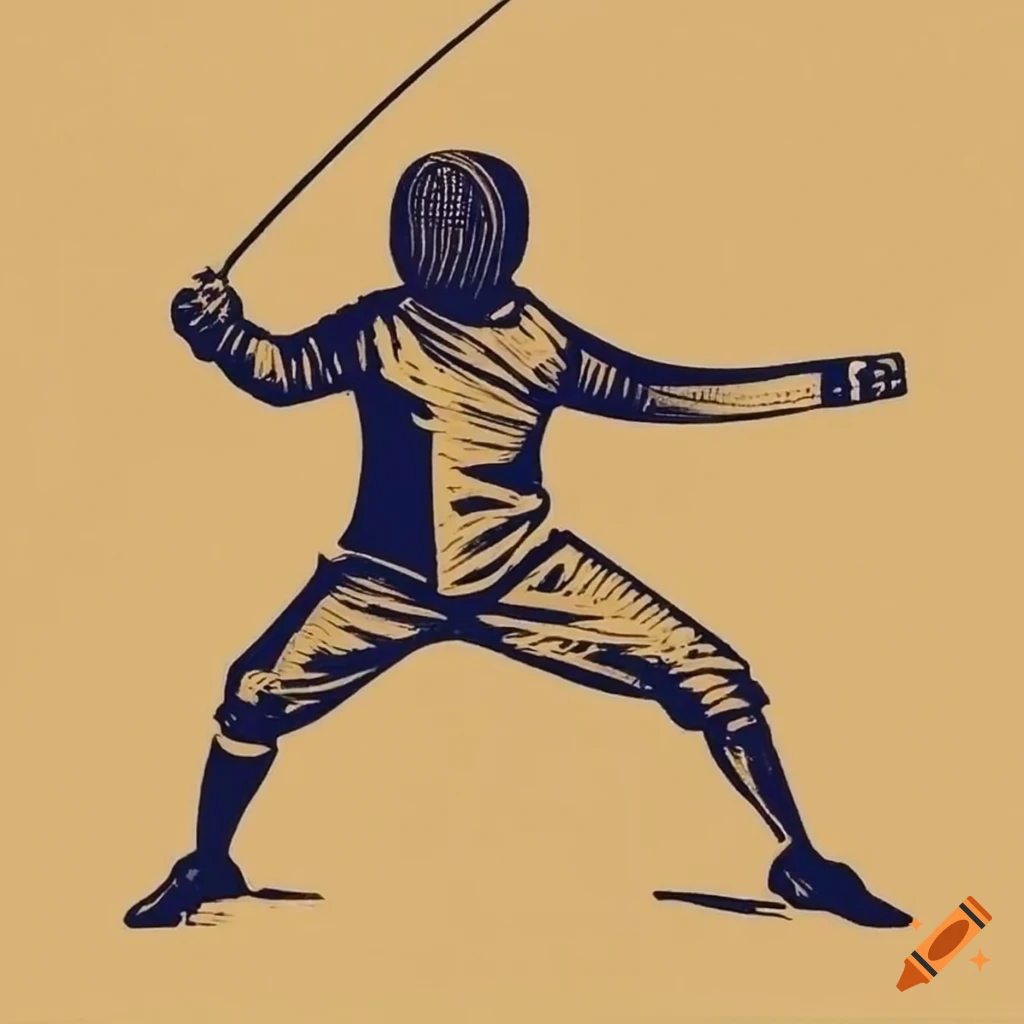 Retro style linocut of a fencing match