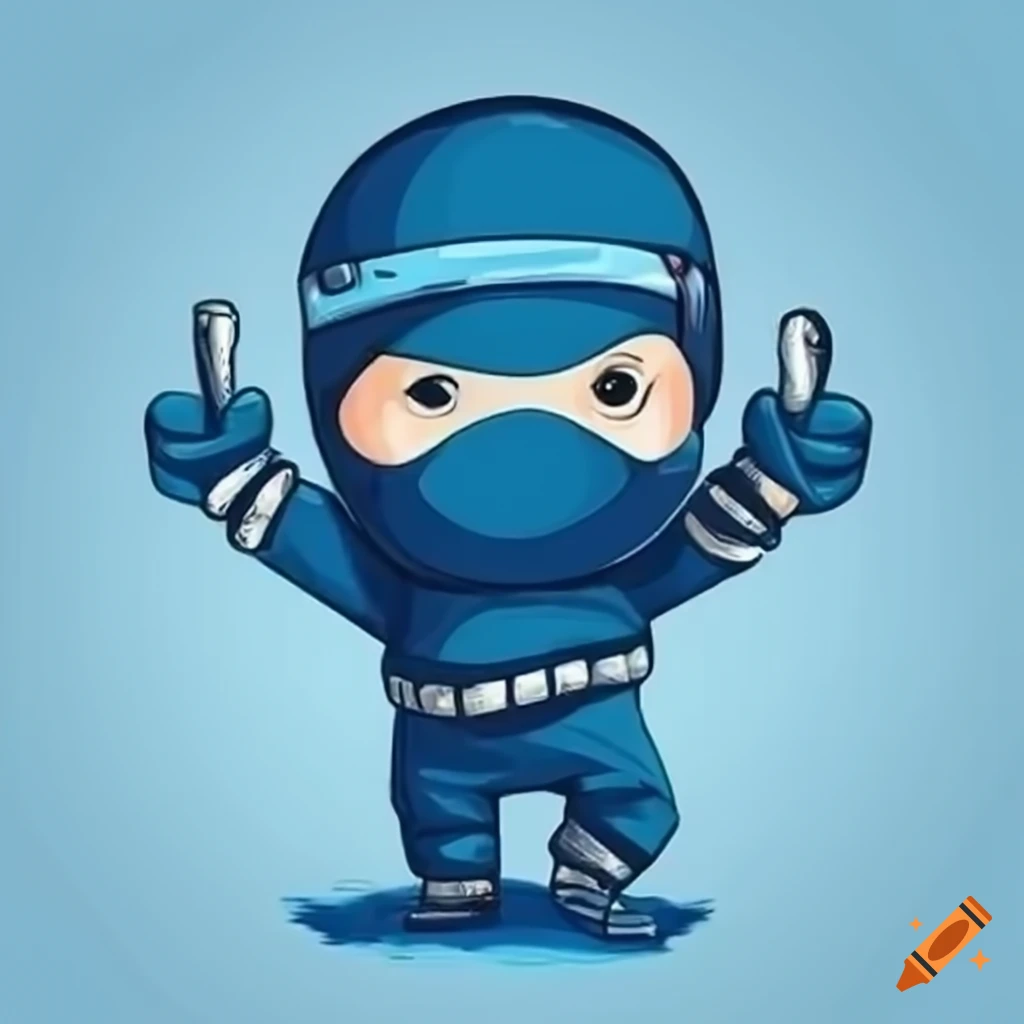 Blue ninja doll with extended neck, arms, and legs on white background
