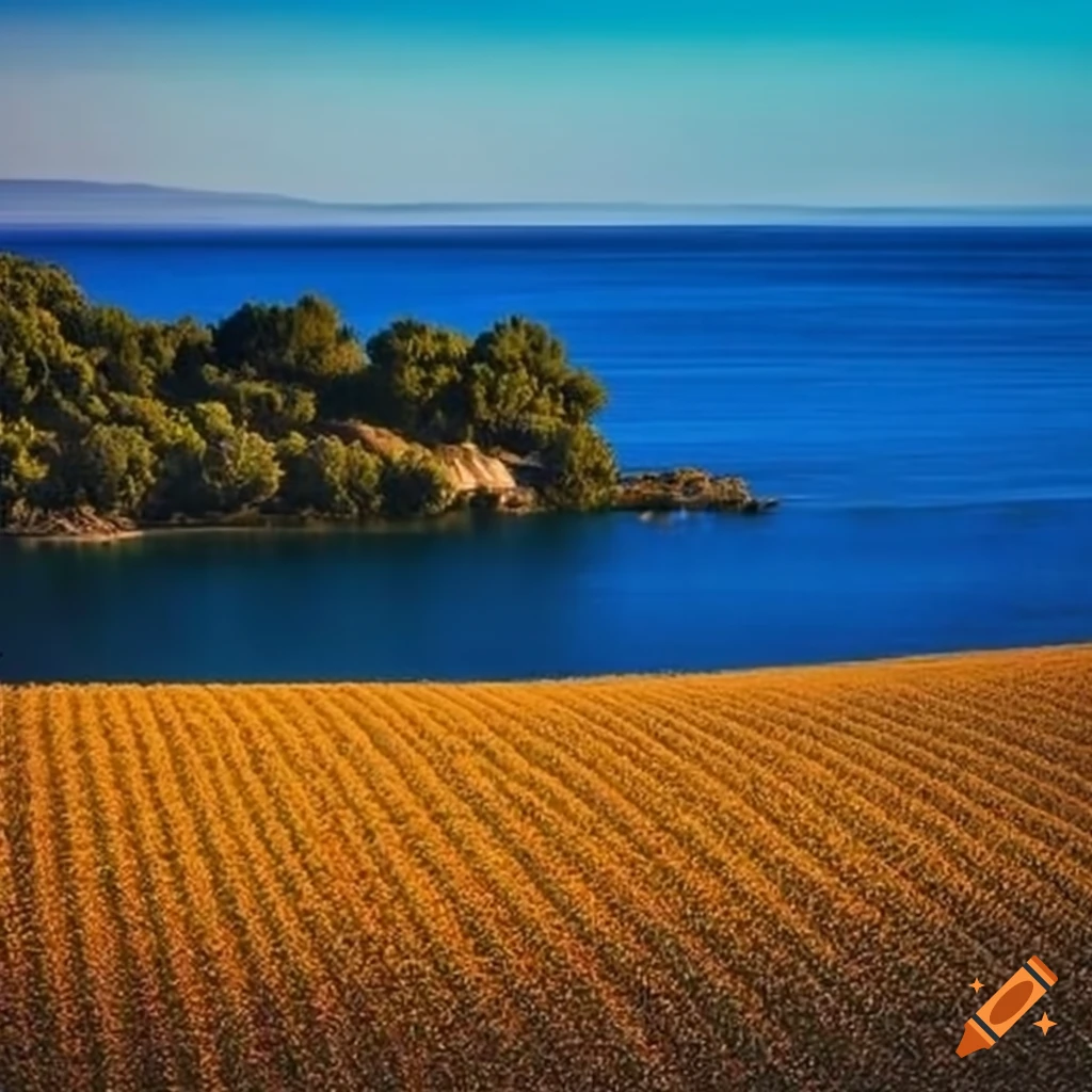 Serene Mediterranean landscape with fields by the shoreline in summer