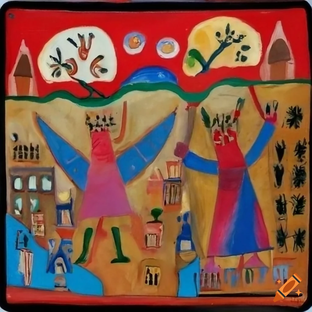 Naive folk art painting of angels and demons battling in a town with encaustic wax on black background