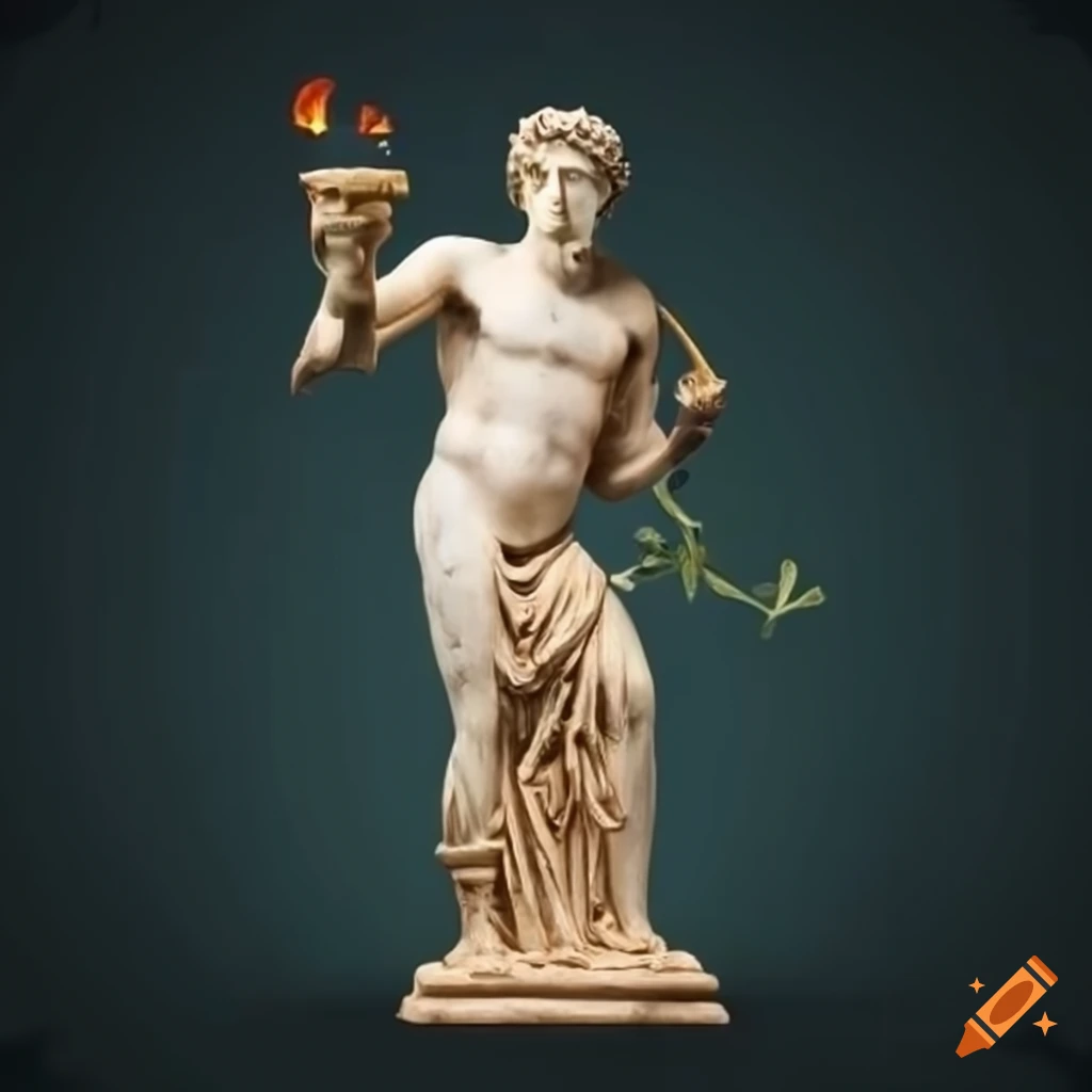 Ancient Greek god statue holding a torch and olive branch in a serene environment