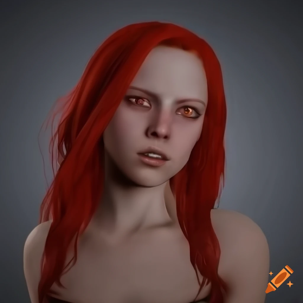 Pale-skinned elf girl with red hair and eyes in a grey background on ...