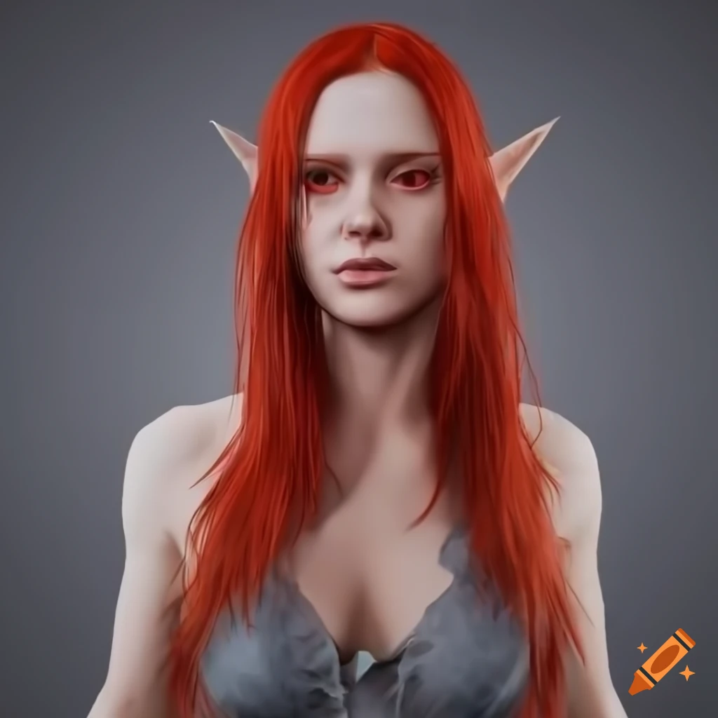 Pale white-skinned elf girl with red hair and eyes on a grey background ...