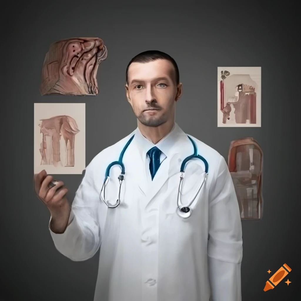 Portrait of a scholarly doctor in a study with medical charts and anatomical illustrations
