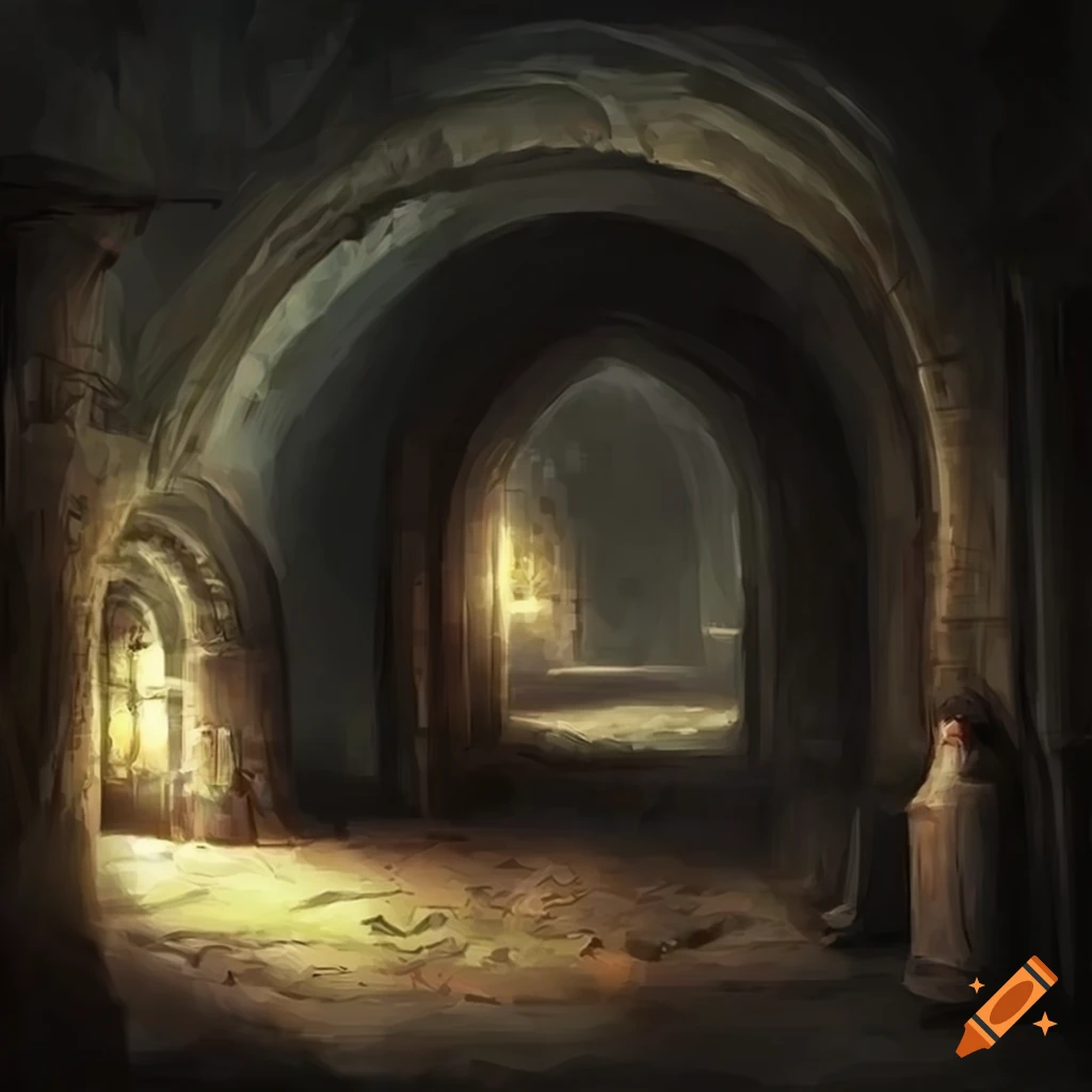 High quality concept art of a realistic sewer catacomb dungeon with dimly lit scary dark shadows