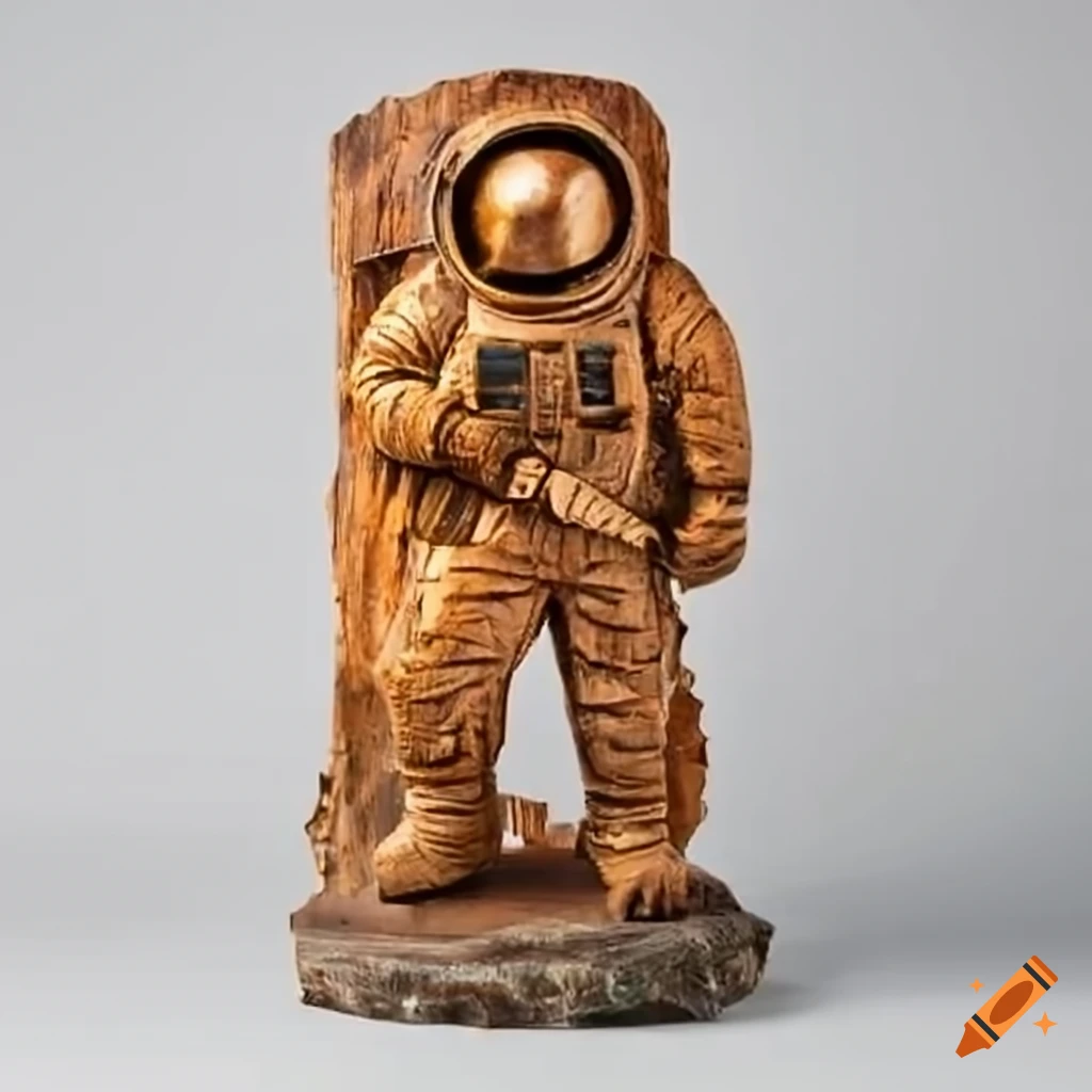 Astronaut sculpture carved in log