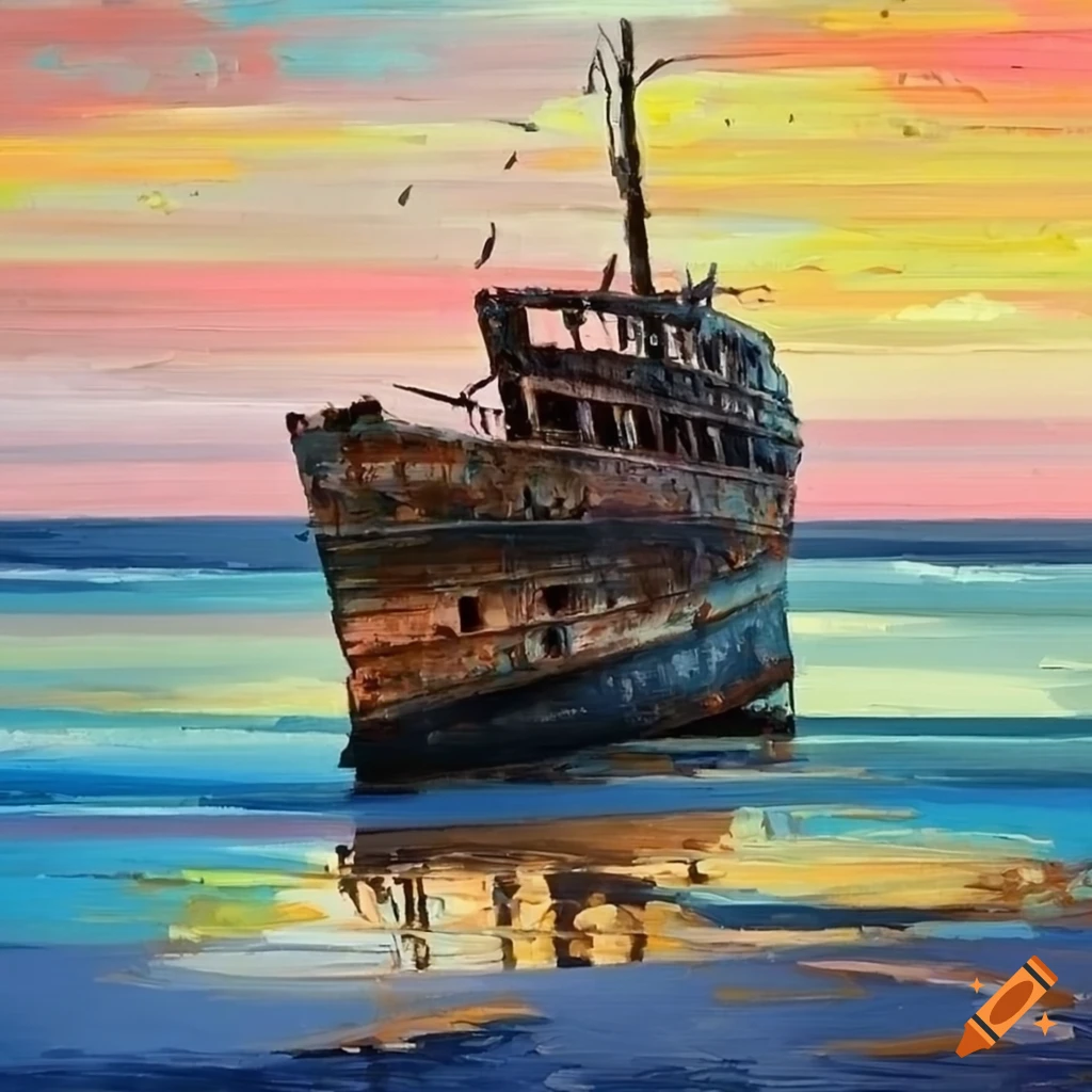 Palette knife painting of a rustic shipwreck on a deserted beach