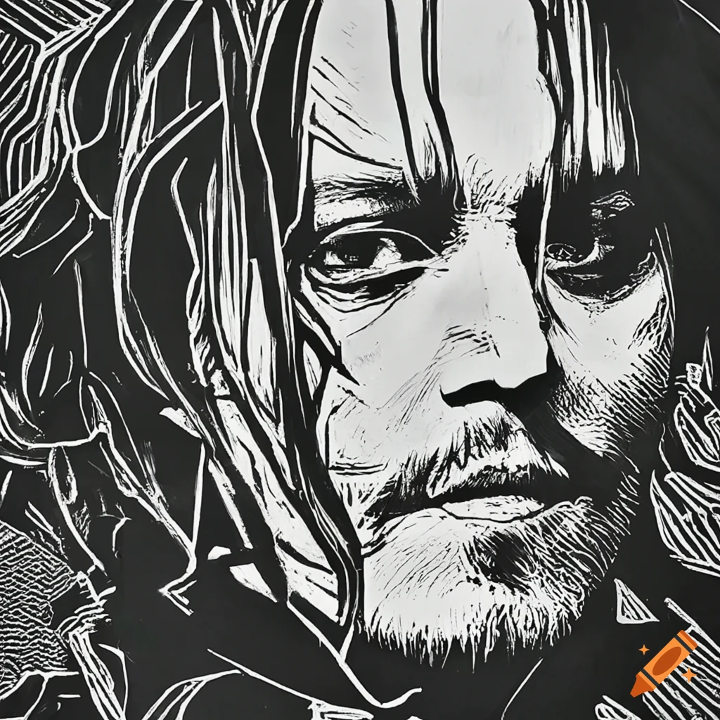Black and white linocut portrait of Johnny Depp