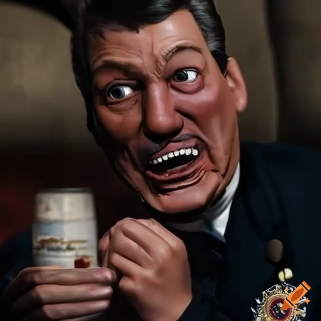 Satirical representation of a ventriloquist dummy passed out on a couch