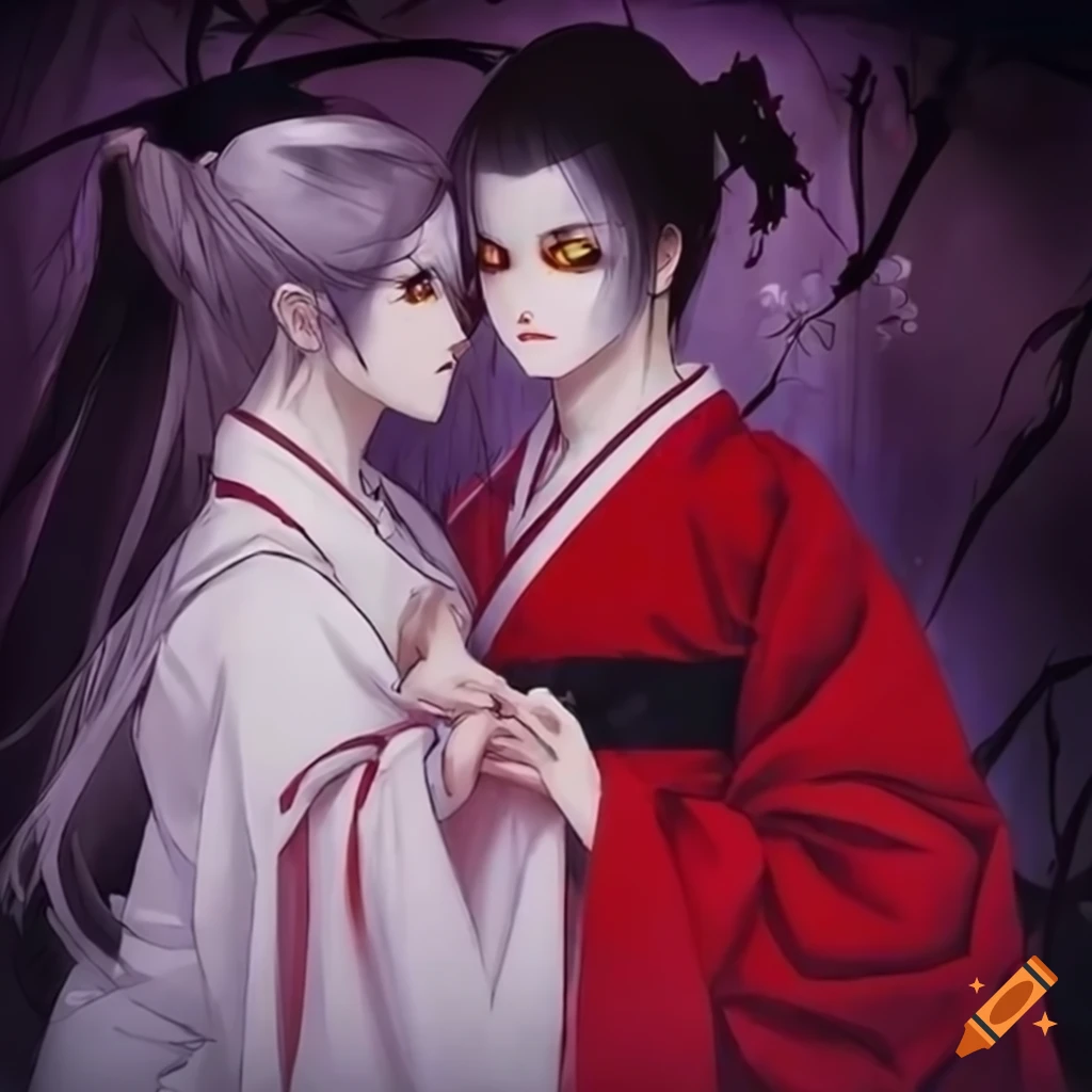 Vampire couple in traditional Japanese attire sharing a moment