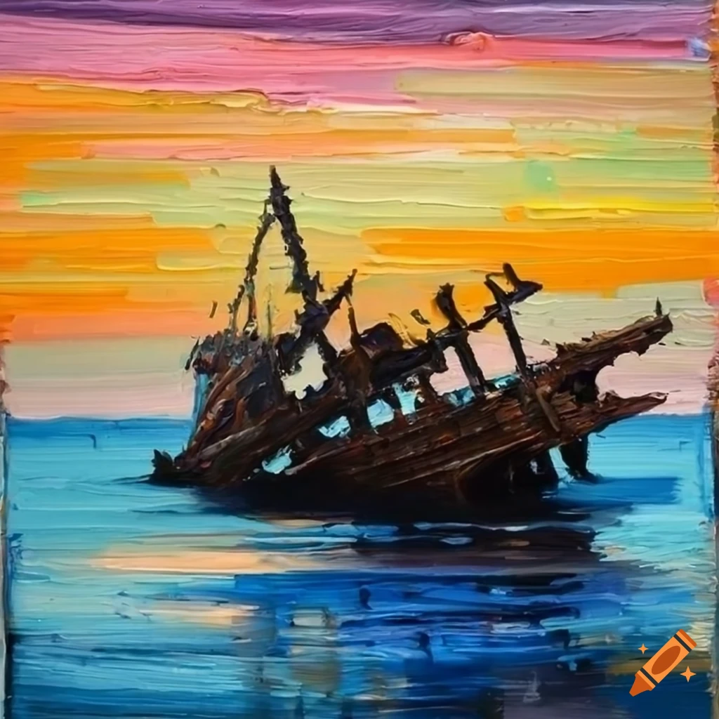 Palette knife painting of a rustic shipwreck on a deserted beach