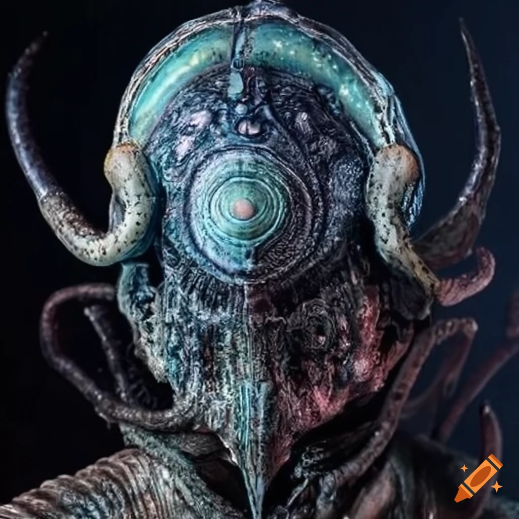 Eldritch cosmic power suit helmet with spider mandibles