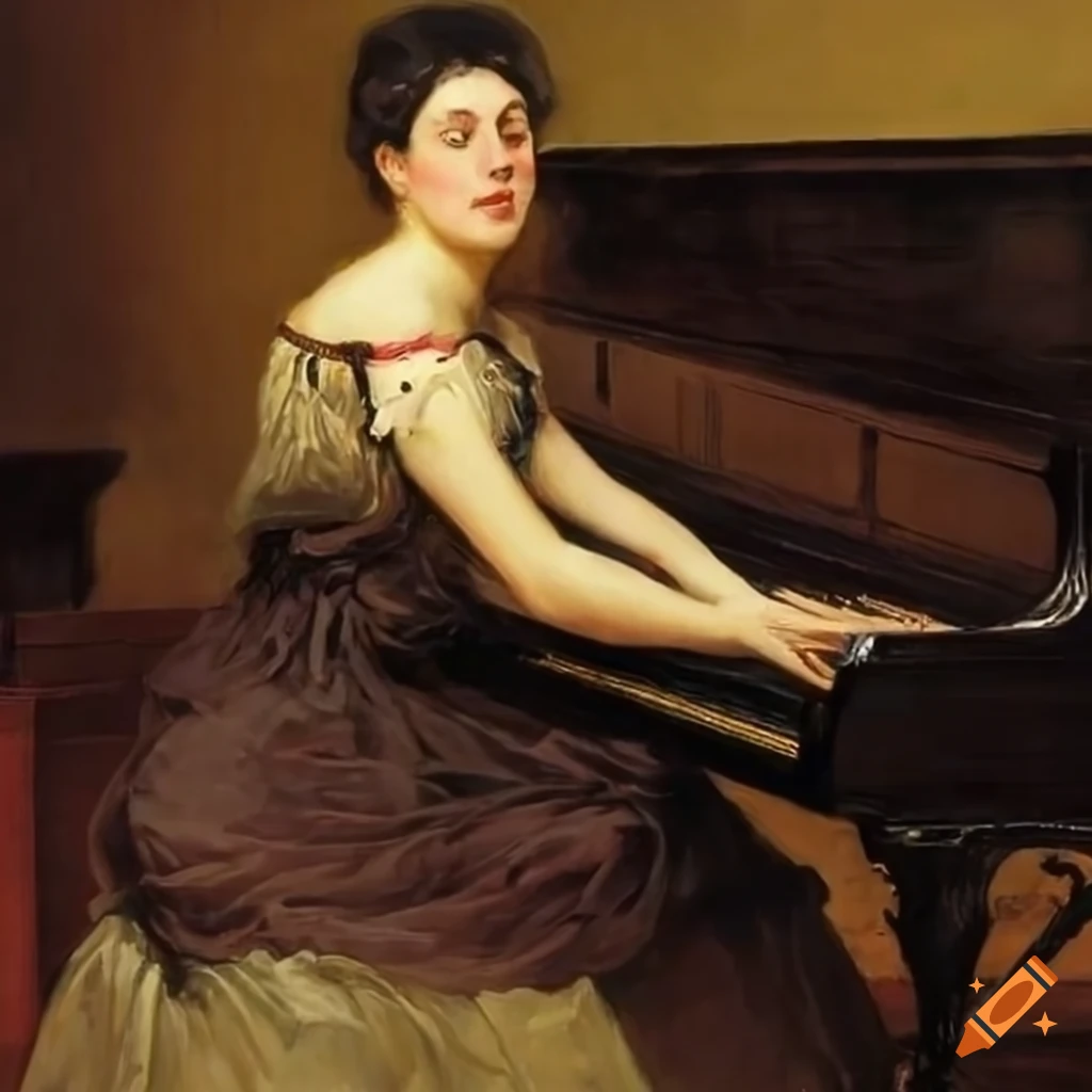 1800s realistic painting of woman singing by a grand piano
