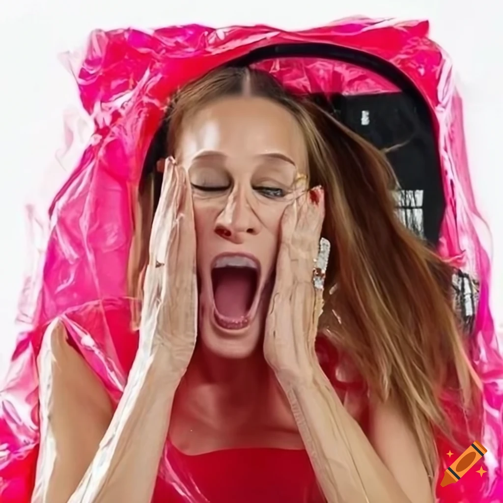 Jessica Parker sitting with colorful liquid in a crystal plastic bag in a studio photo