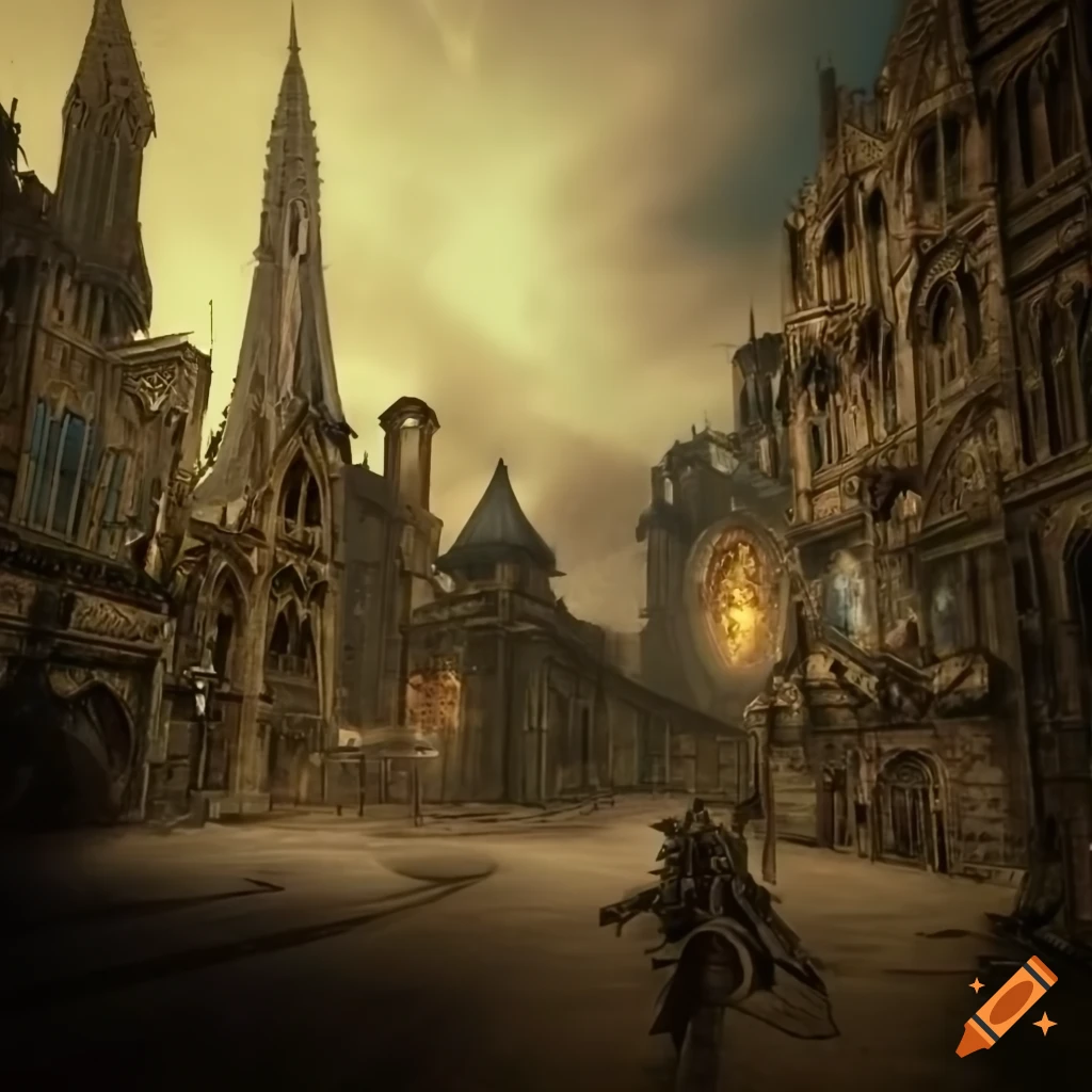 Steampunk Warhammer Gothic city of Nexus Prime in Astrevia on planet Jade