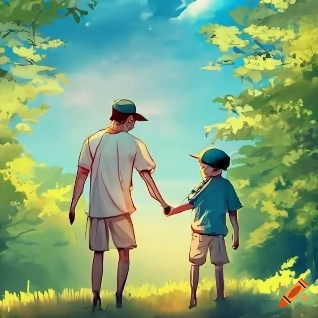 Father and son walking hand in hand with nature background