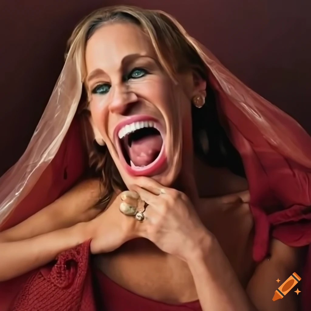 Jessica Parker trapped in plastic bag covered in liquid, vivid colors