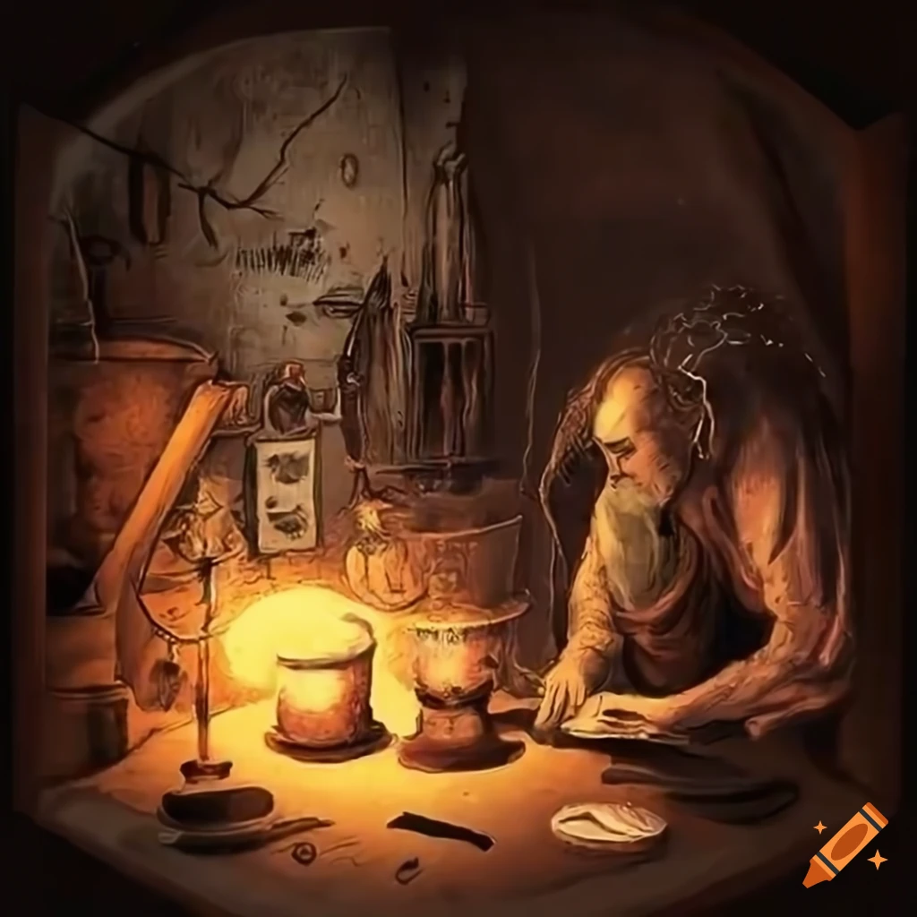 Alchemist creating potions in an alchemy lab inspired by Alfred_Kubin ...