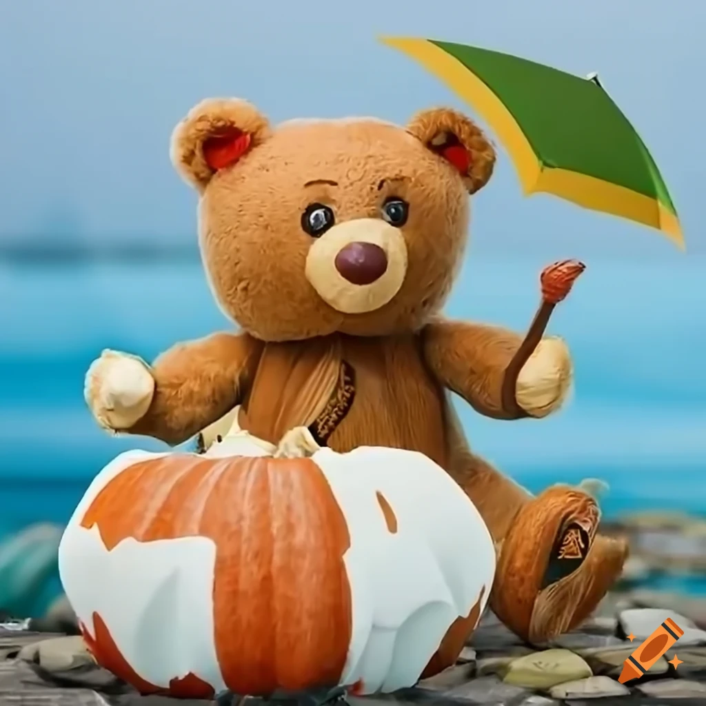 Teddy bear painting a pumpkin on an iceberg with an umbrella, en route to an island