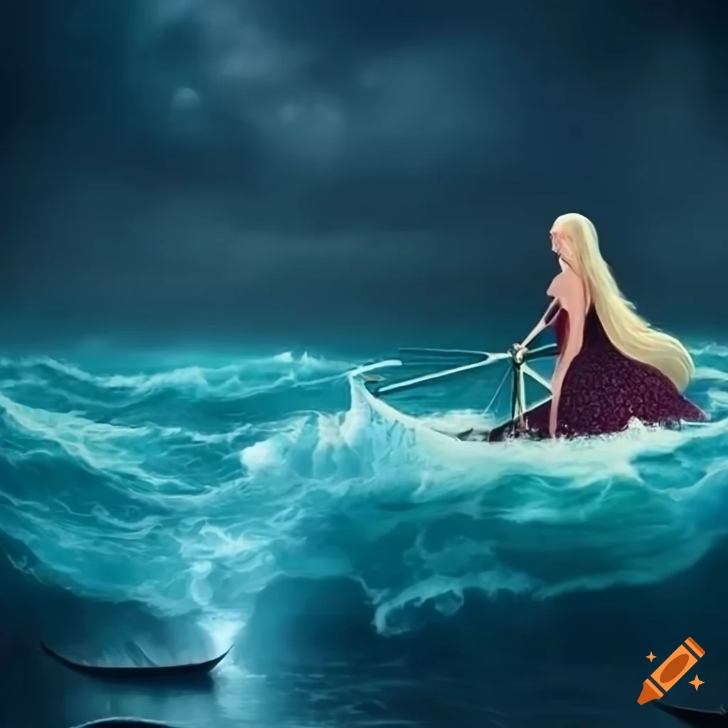 Blonde princess gazing at a brave knight rowing to her on a stormy sea