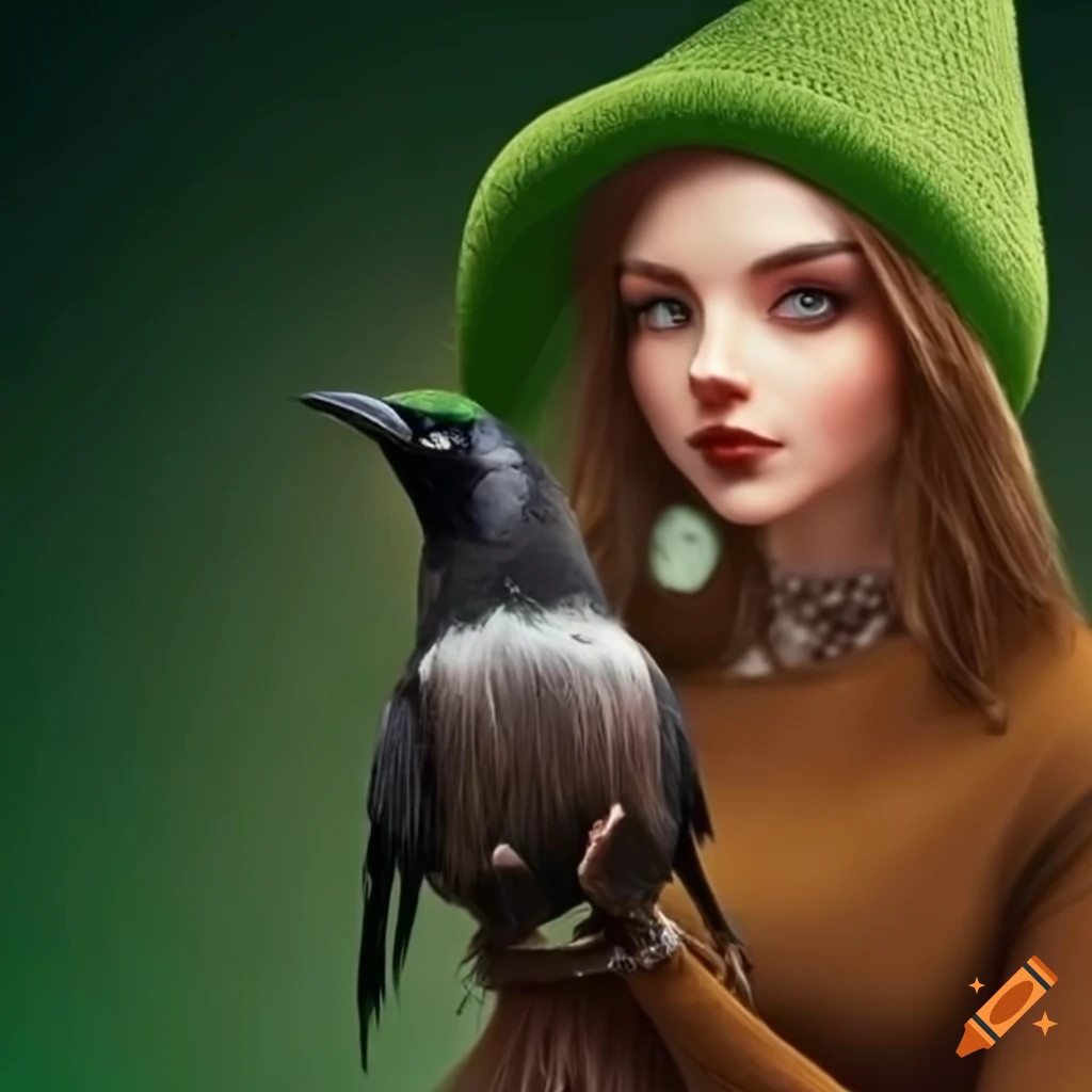 Gnome woman in brown clothes and green hat holding a black jackdaw