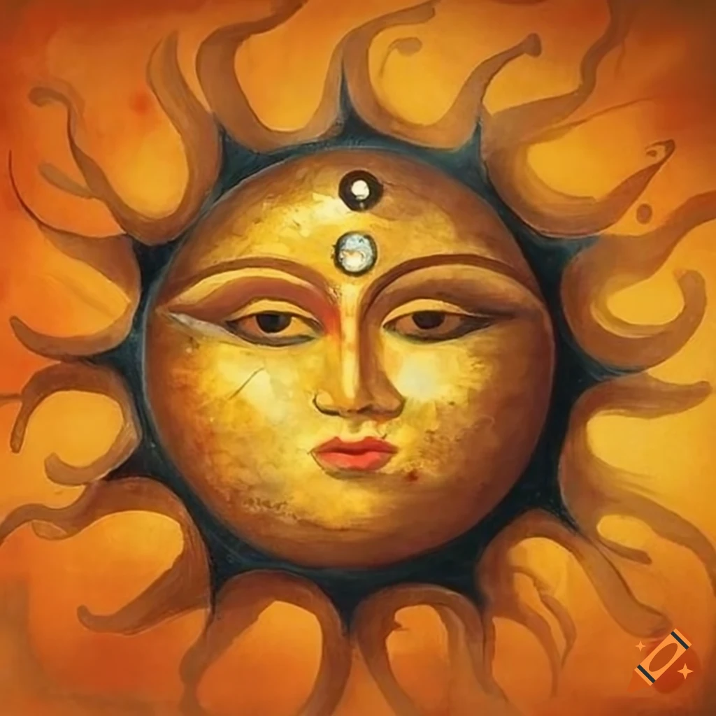 Ancient painting of the golden all-seeing eye in a sun with detailed orange and black colors