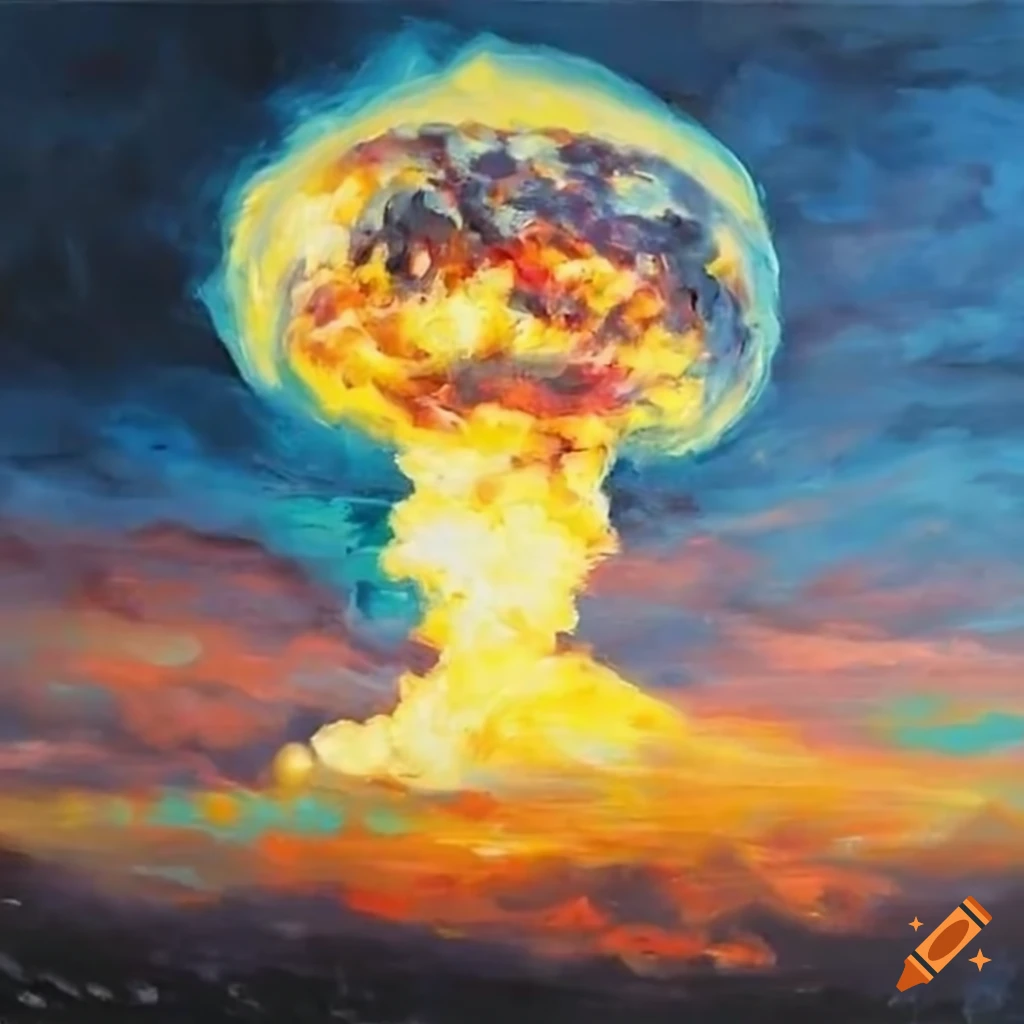 Powerful dazzling nuclear explosion of lightnings in an oil painting