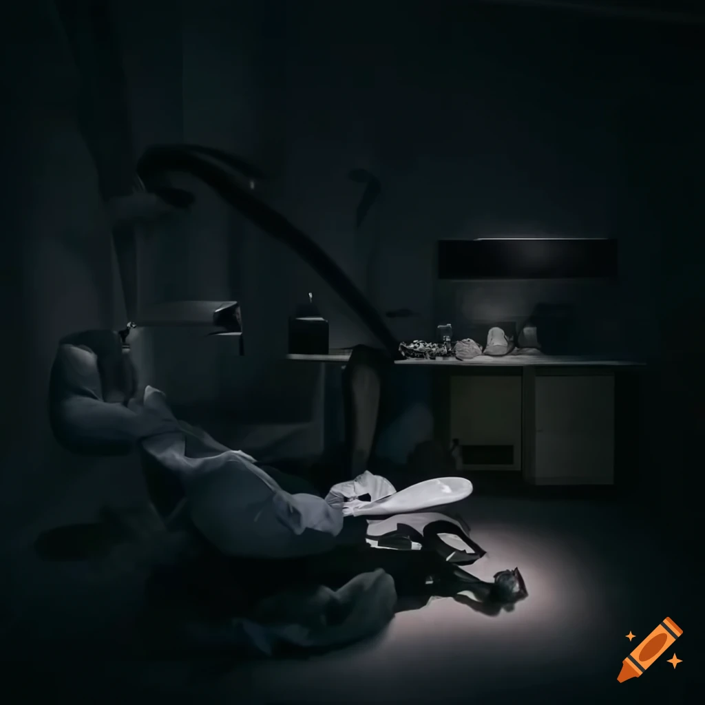 Sinister dentist in a dark dental office with scattered white pearls