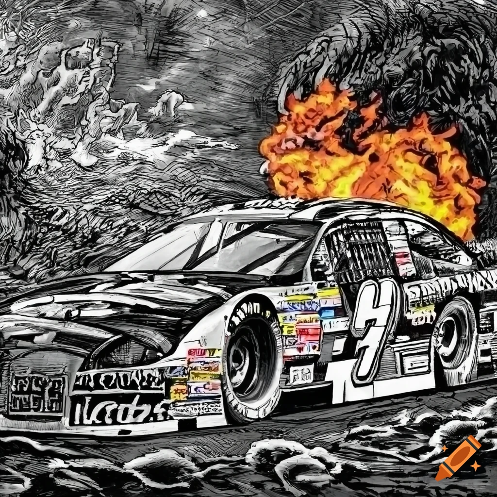 Detailed black and white illustration of a Nascar racecar racing away from a nuclear blast in gothic style