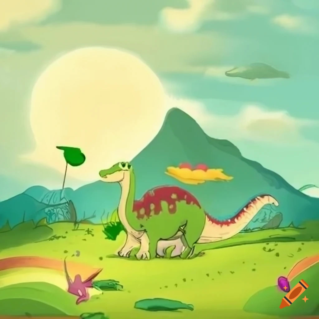 Ilustração de Dino, o Braquiossauro, olhando para a montanha brilhante