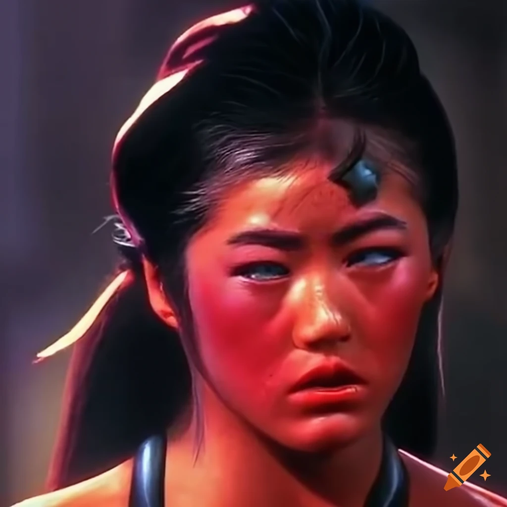 Expressive closeup of dizzied asian female kung fu fighter from an 80's movie