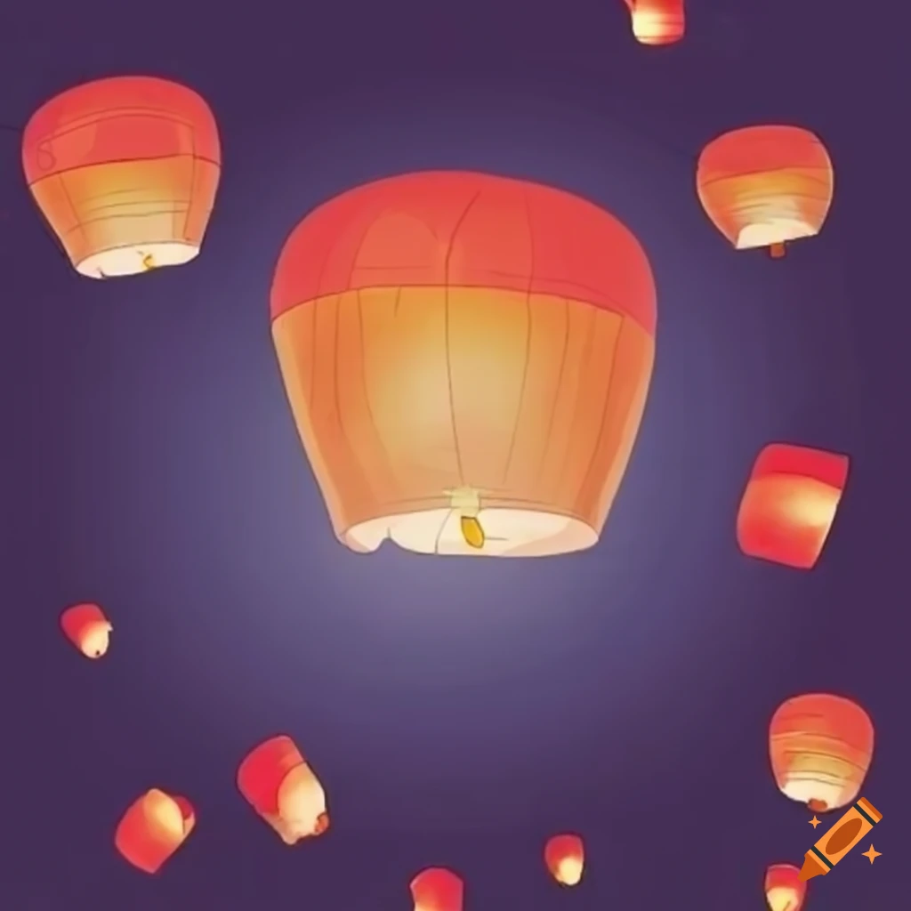 Lanterns flying in the sky in a comic art style