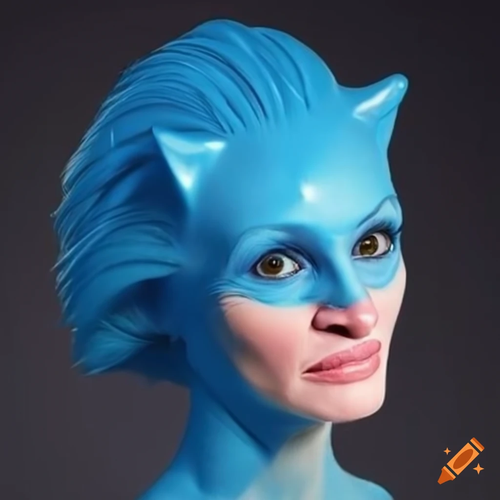 Julia Roberts with a Sonic the Hedgehog head in blue latex