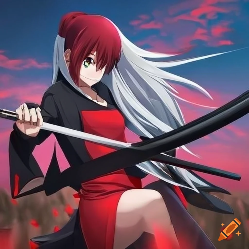 White-haired anime character with red and black katana in open field