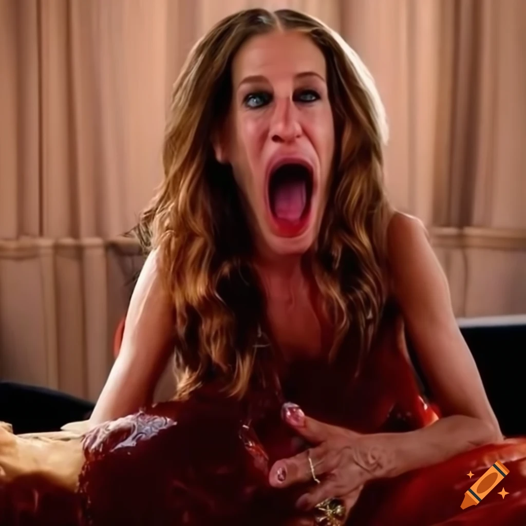 Jessica Parker trapped in plastic bag covered in liquid, vivid colors