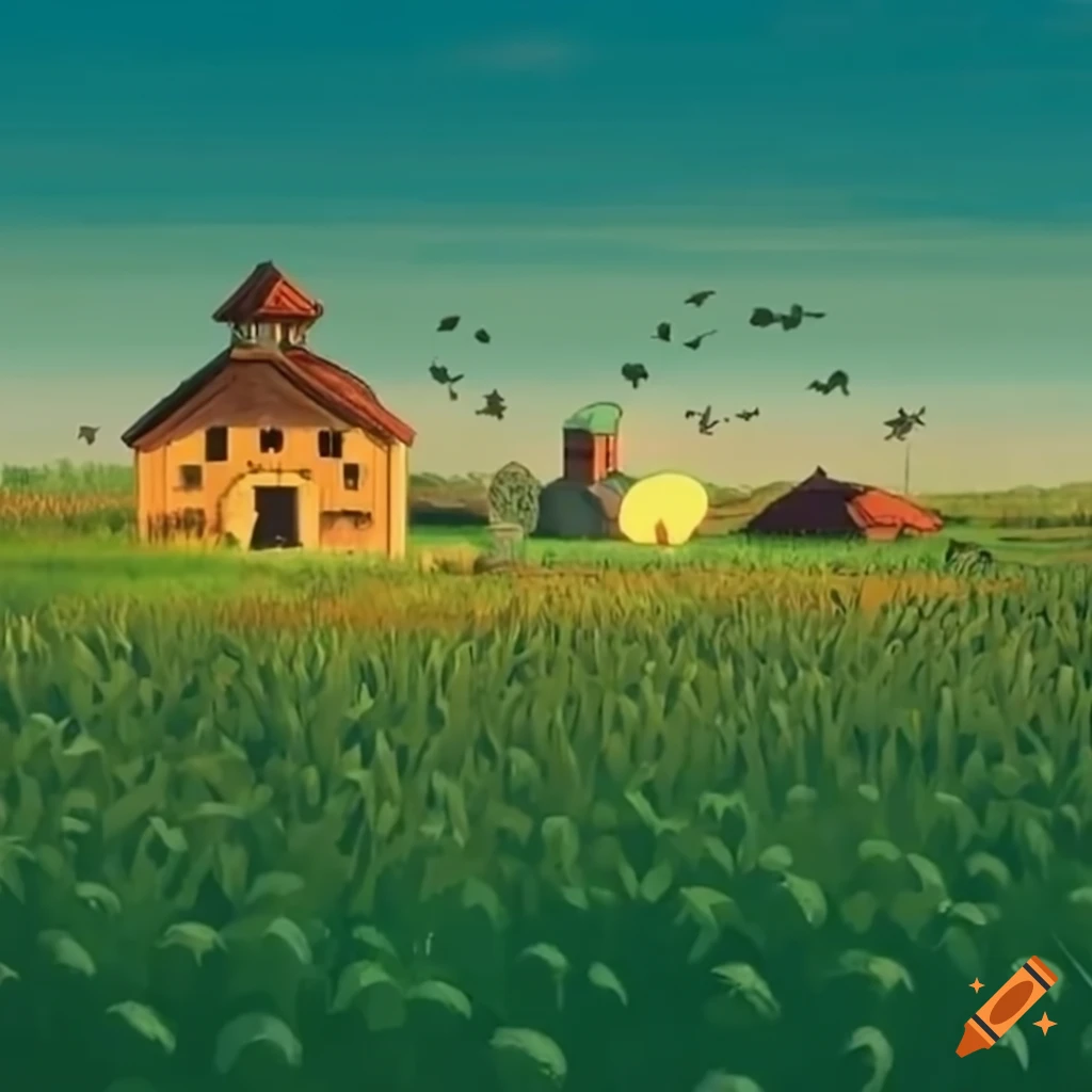 Studio Ghibli style farm in the Roman Empire surrounded by milkweed field